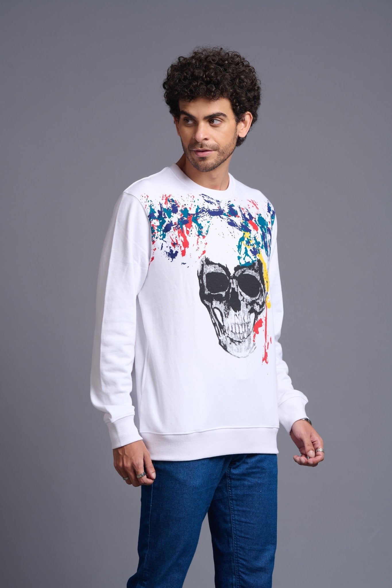 Skull Designed White Sweatshirt for Men - Go Devil