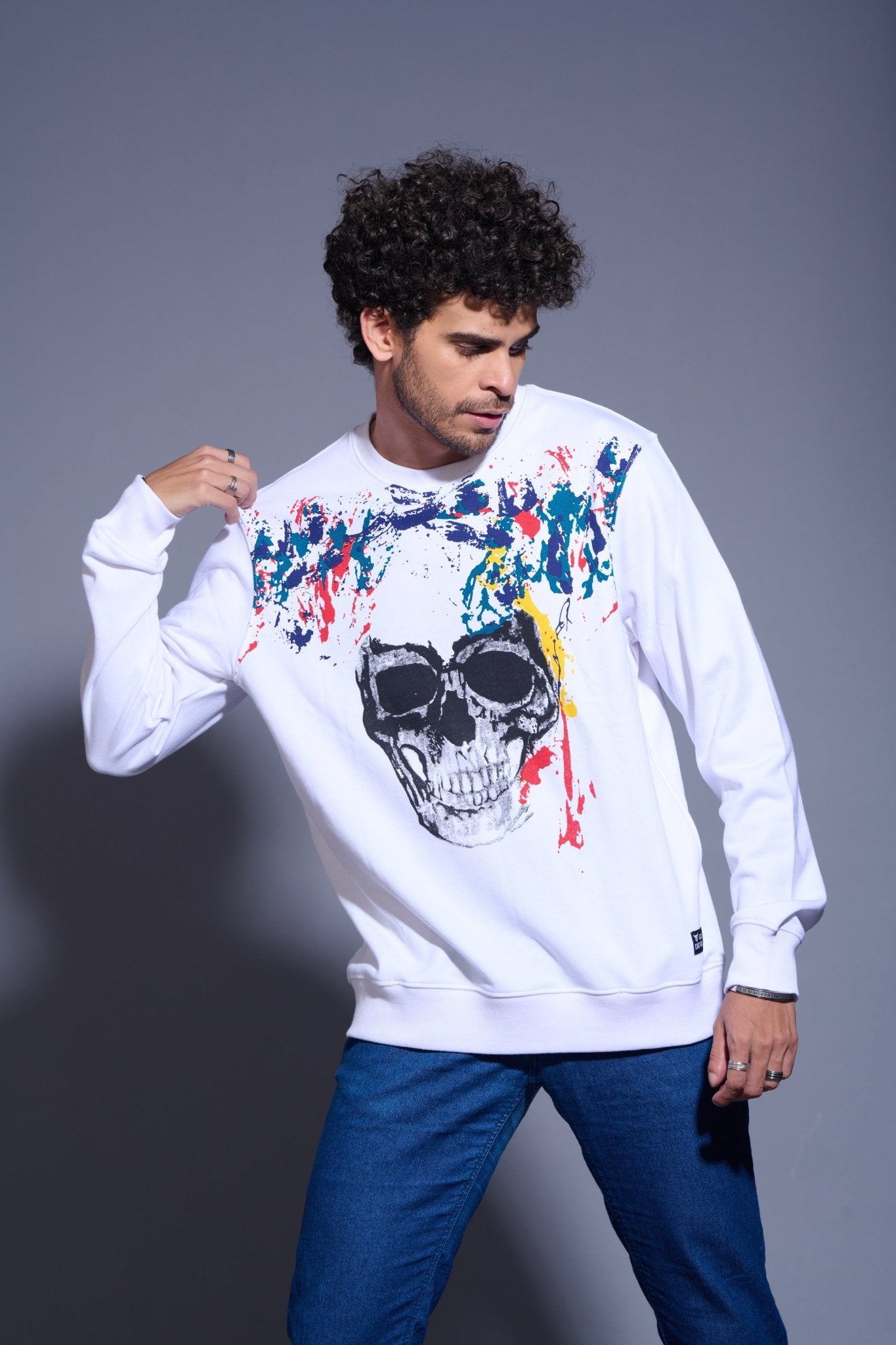 Skull Designed White Sweatshirt for Men - Go Devil