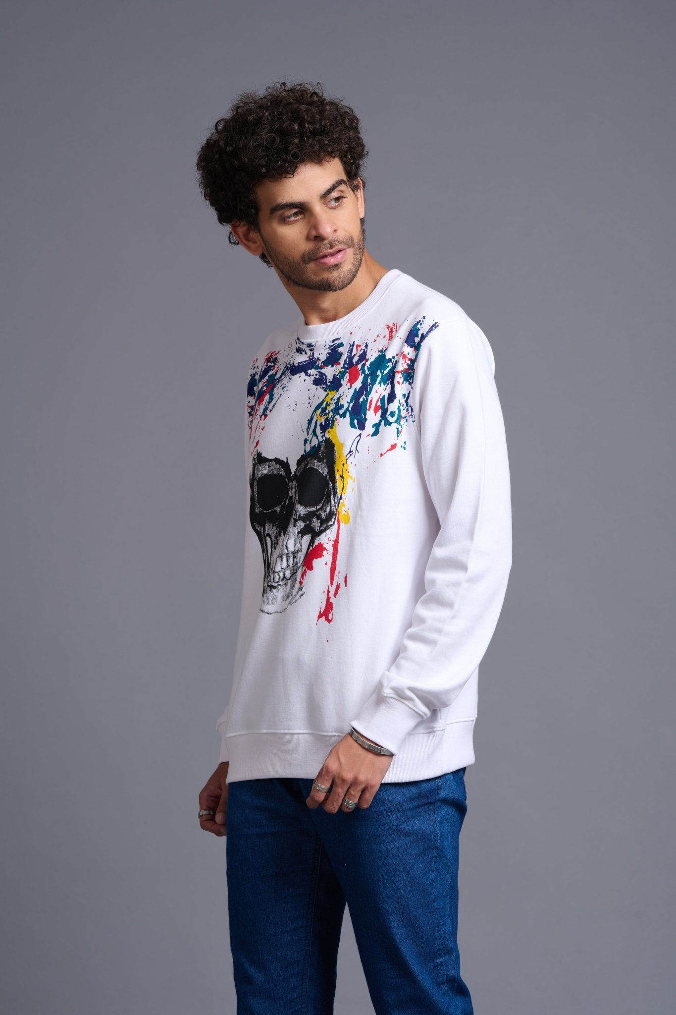 Skull Designed White Sweatshirt for Men - Go Devil