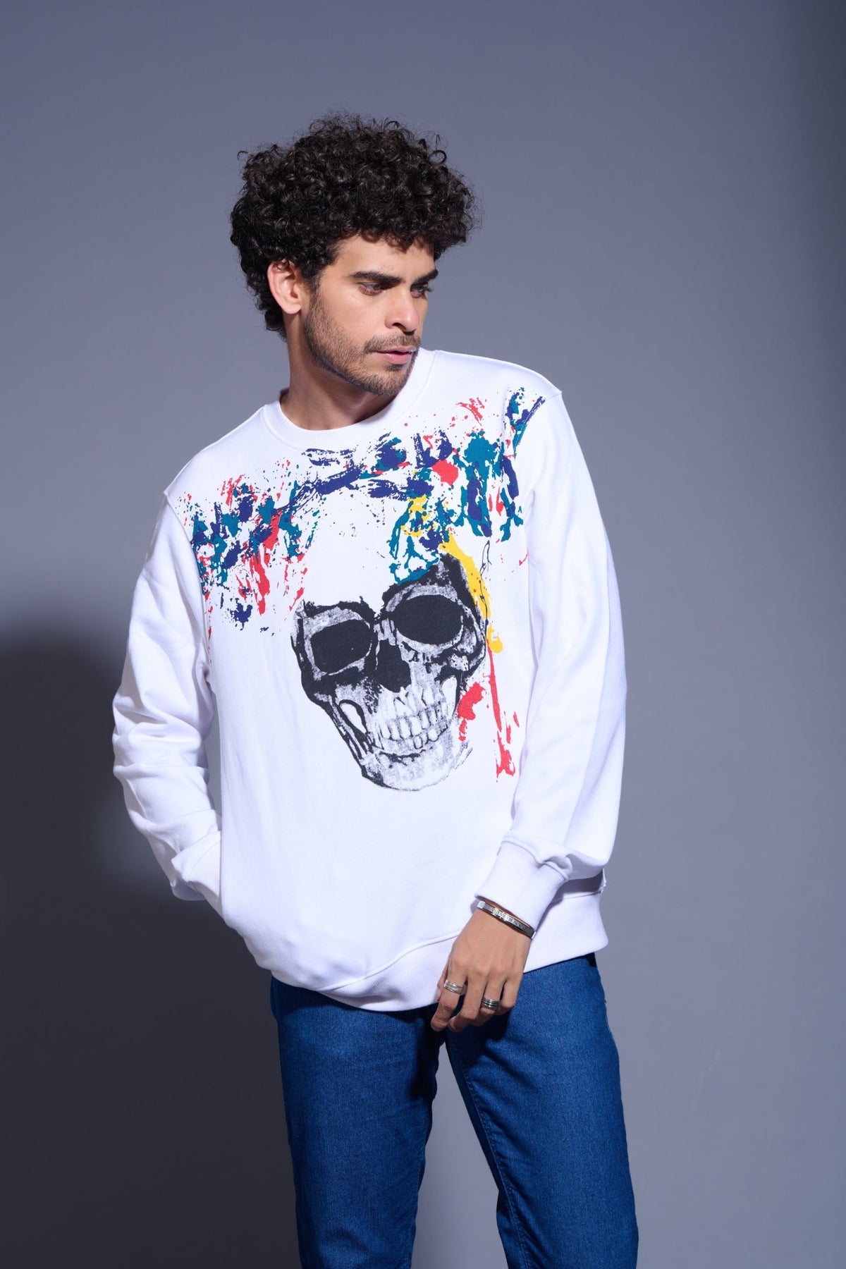 Skull Designed White Sweatshirt for Men - Go Devil