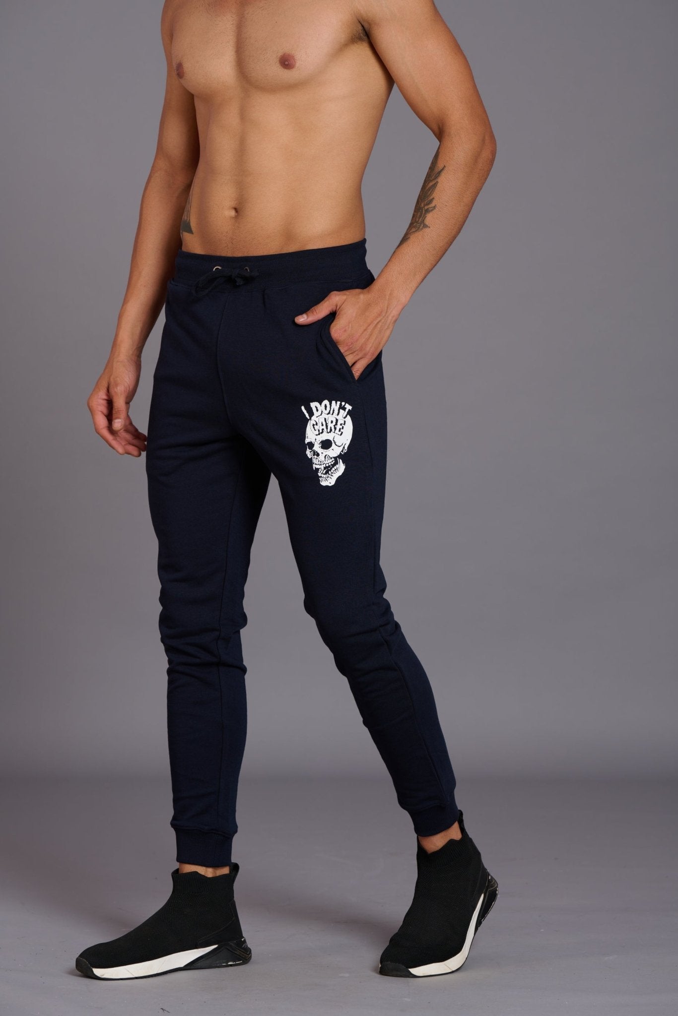 Skull & I Don’t Care Printed Black Joggers for Men - Go Devil