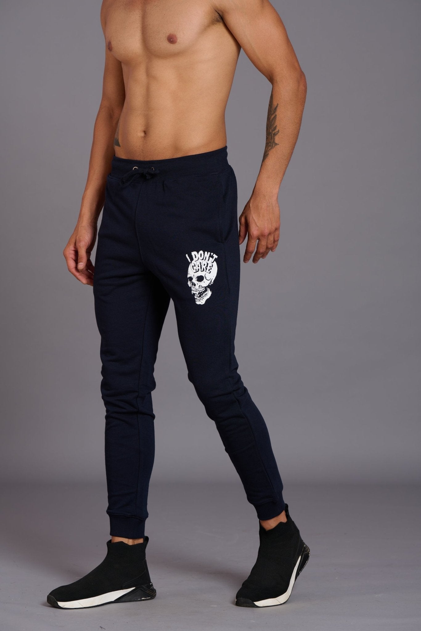 Skull & I Don’t Care Printed Black Joggers for Men - Go Devil