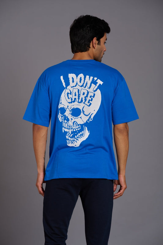 Skull & I Don't Care Printed Blue Over Size T-Shirt - Go Devil