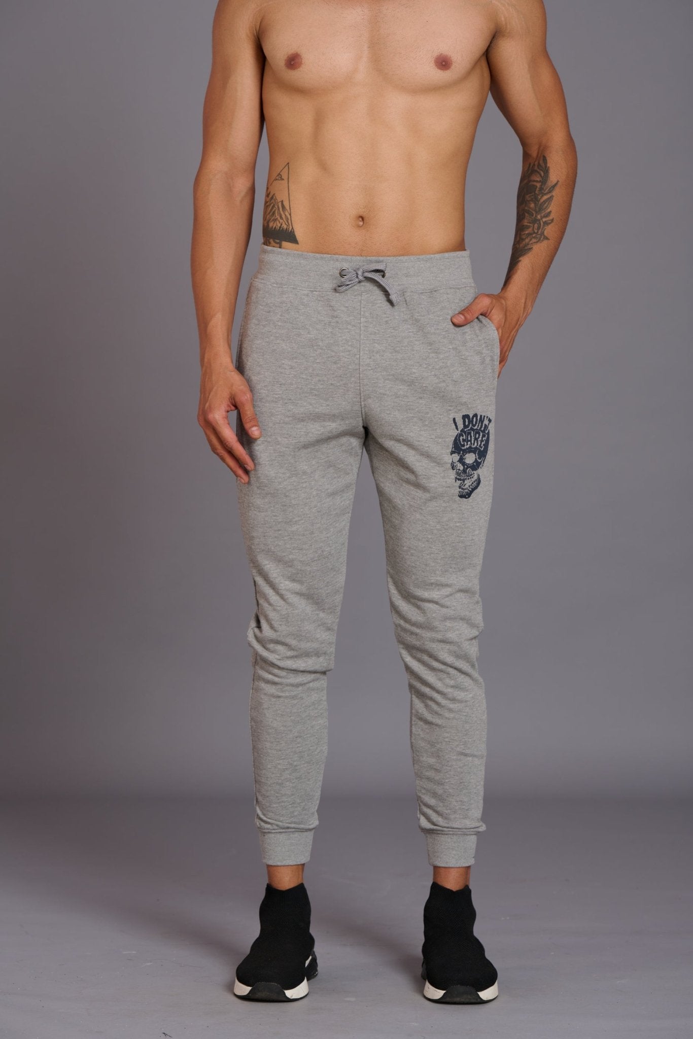 Skull & I Don’t Care Printed Grey Joggers for Men - Go Devil