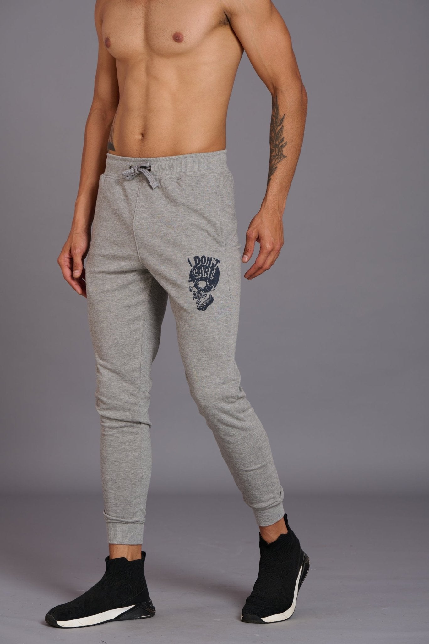 Skull & I Don’t Care Printed Grey Joggers for Men - Go Devil