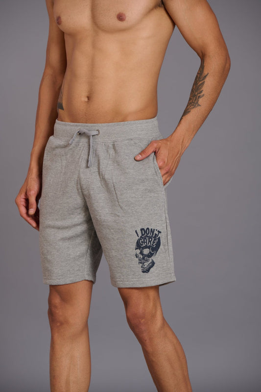 Skull & I Don’t Care Printed Grey Shorts for Men - Go Devil