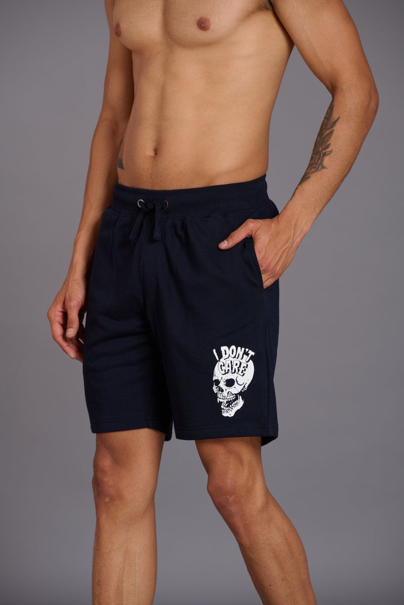 Skull & I Don’t Care Printed Navy Shorts for Men - Go Devil