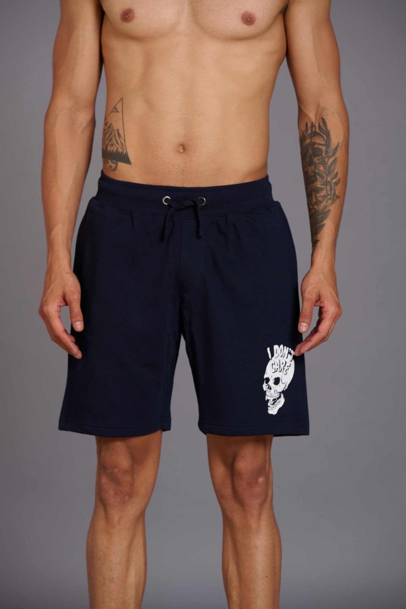 Skull & I Don’t Care Printed Navy Shorts for Men - Go Devil