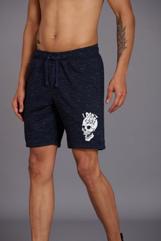 Skull & I Don’t Care Printed Navy Slub Shorts for Men - Go Devil