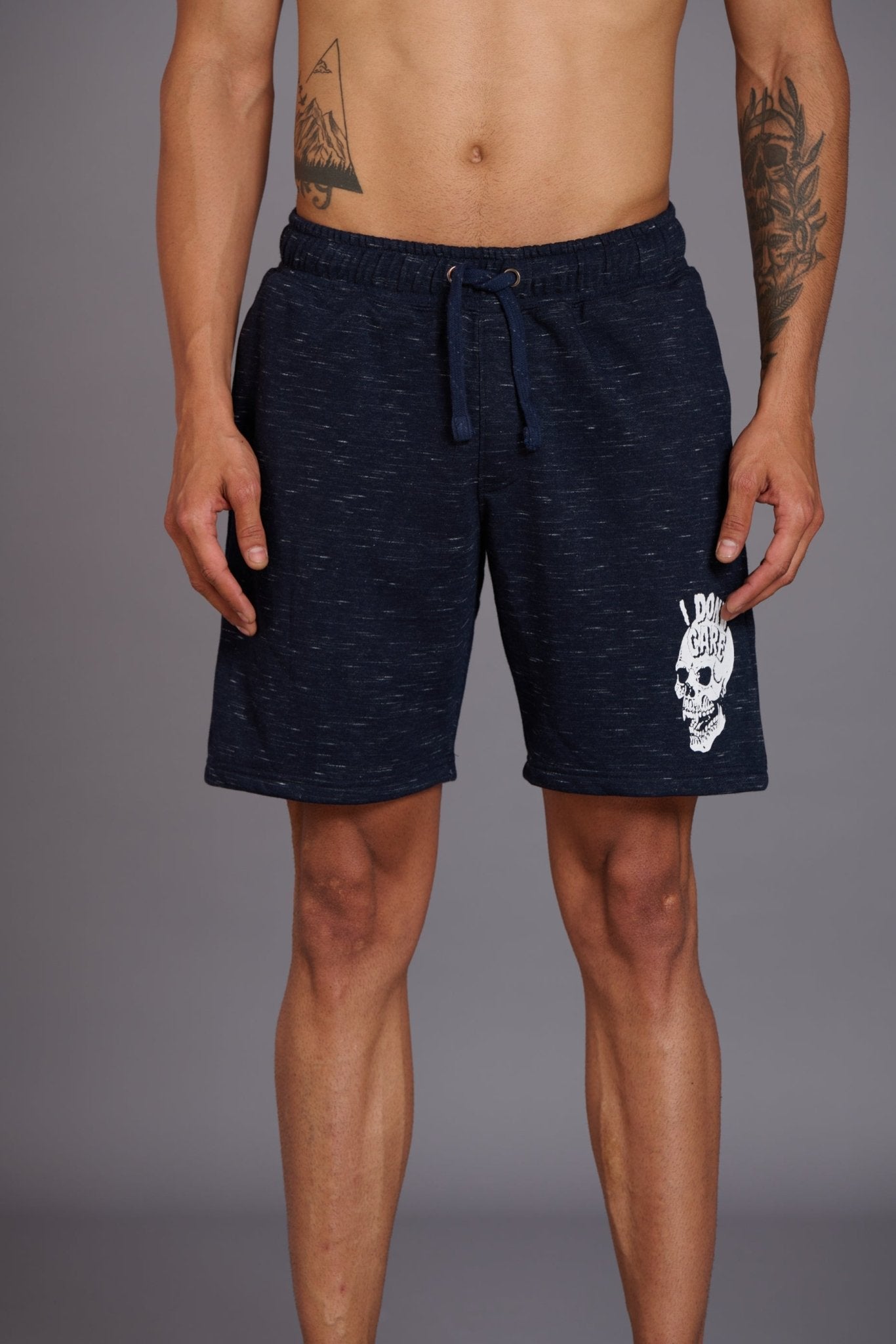 Skull & I Don’t Care Printed Navy Slub Shorts for Men - Go Devil