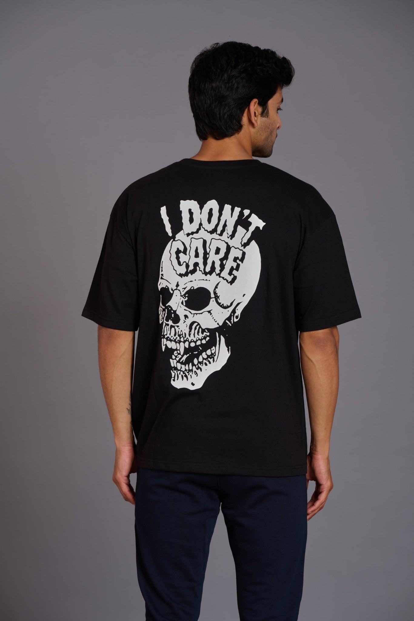 Skull & I Don’t Care White Printed Black Oversized T-Shirt for Men - Go Devil