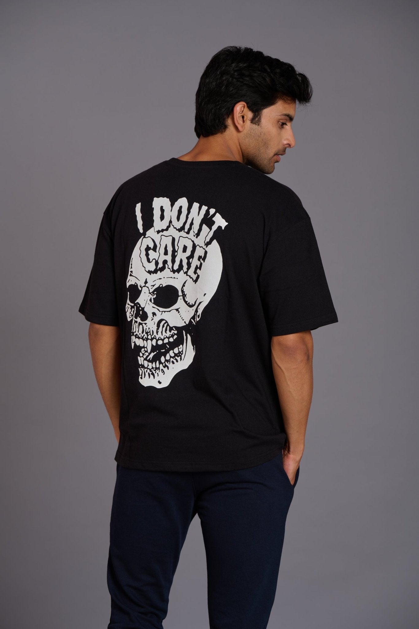 Skull & I Don’t Care White Printed Black Oversized T-Shirt for Men - Go Devil