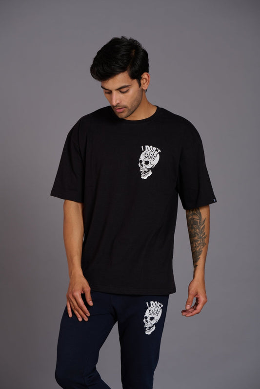 Skull & I Don’t Care White Printed Black Oversized T-Shirt for Men - Go Devil