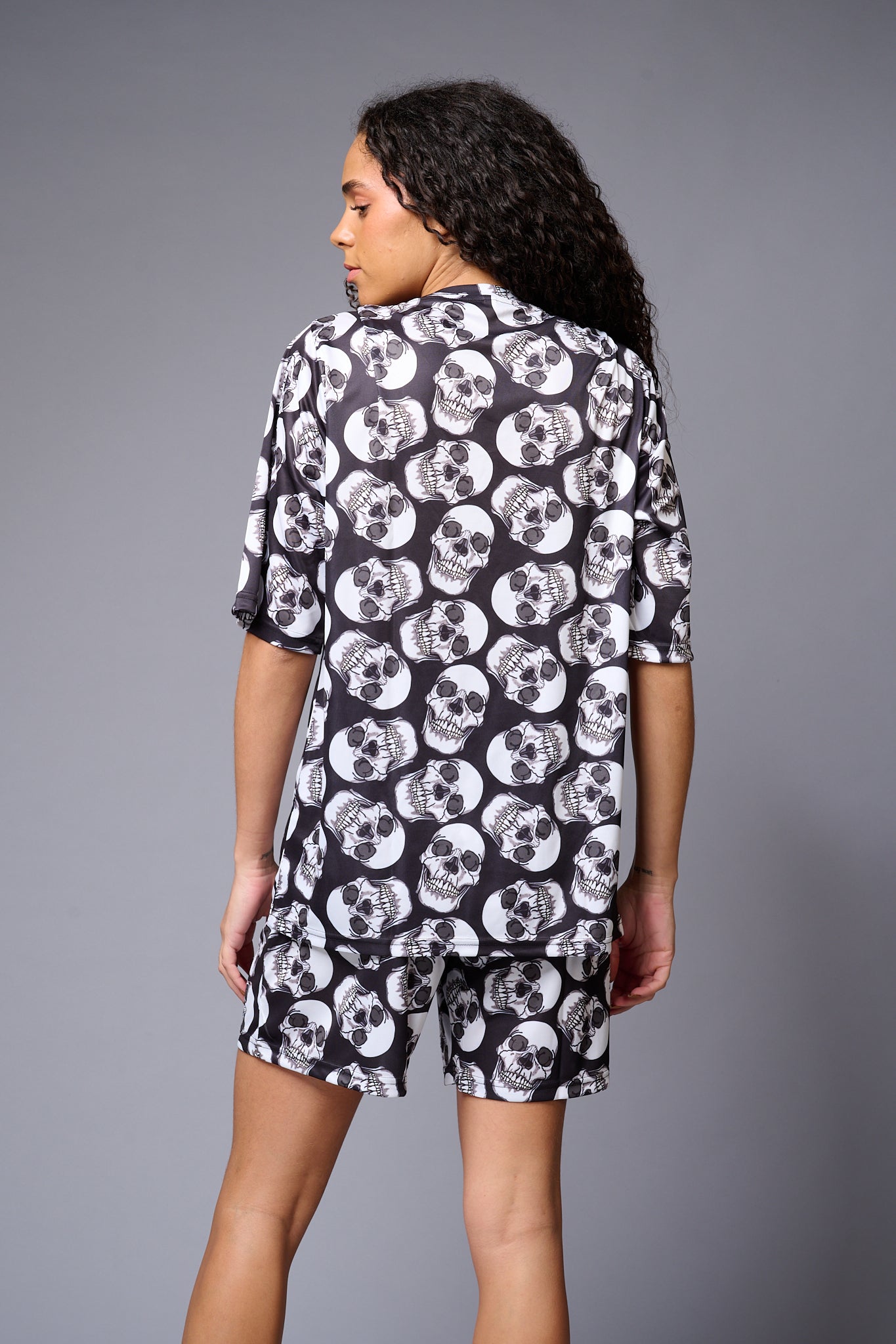 Skull (in White) Printed Black Co-ord Set for Women - Go Devil