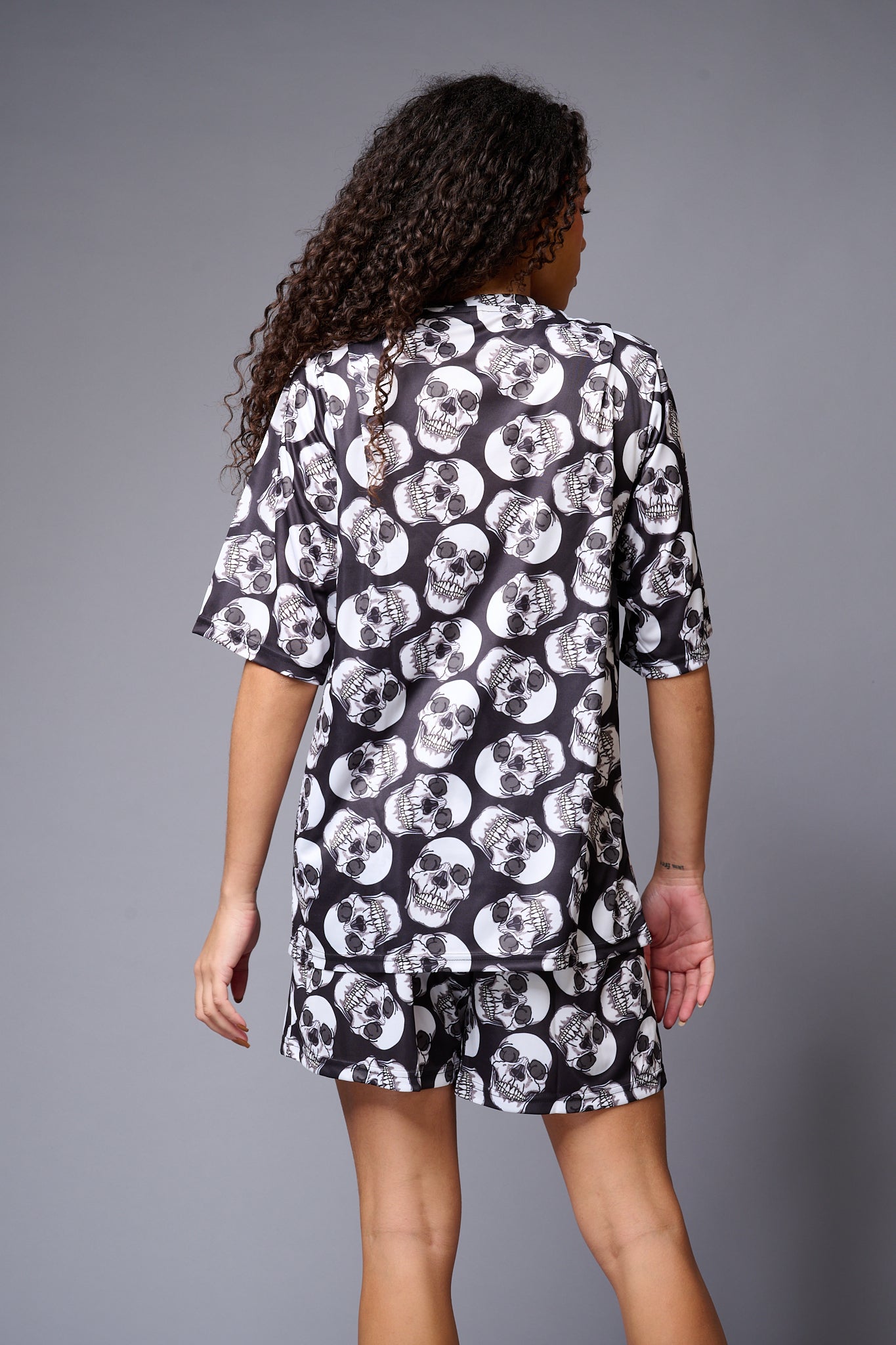 Skull (in White) Printed Black Co-ord Set for Women - Go Devil