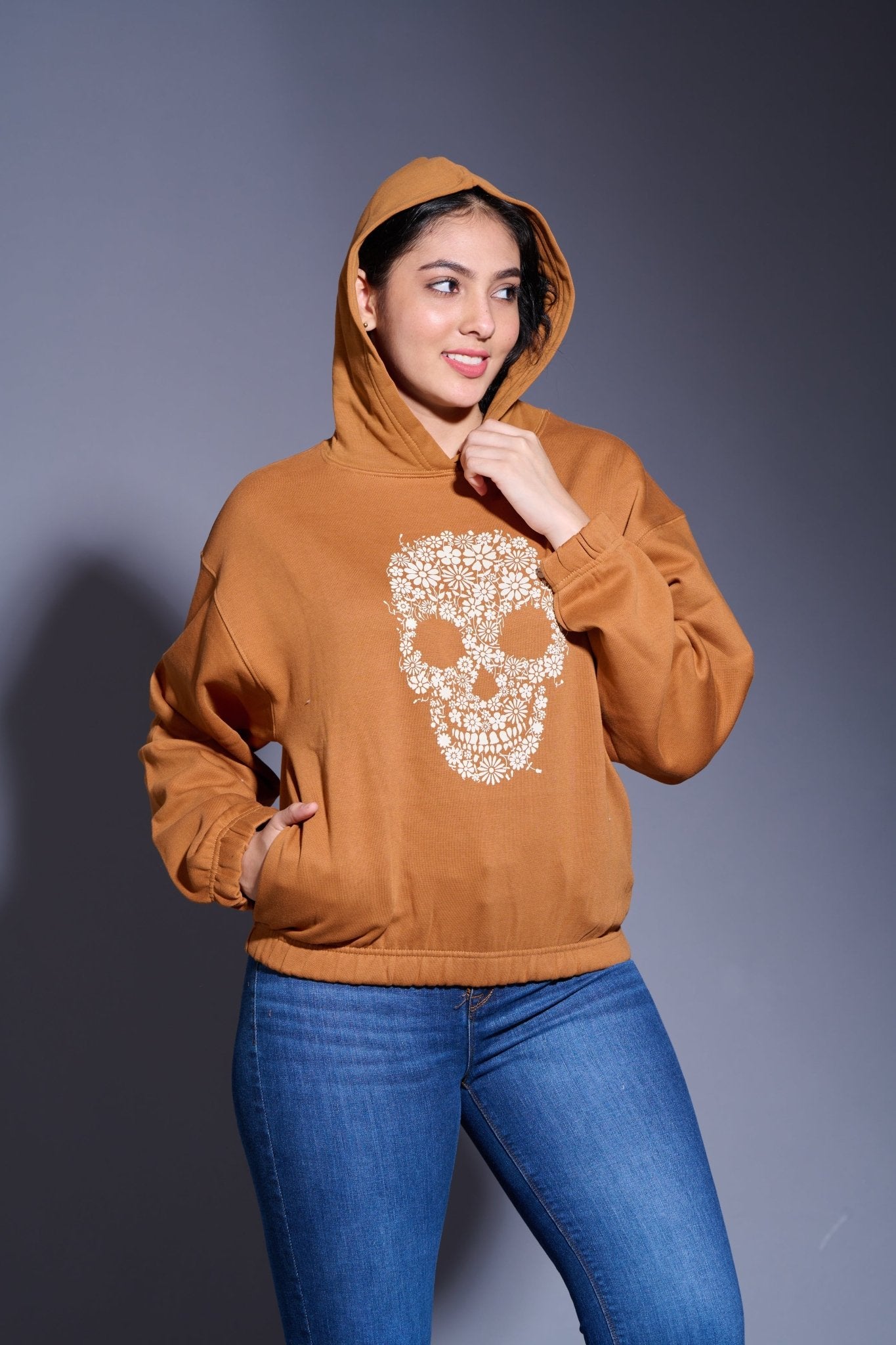 Skull Printed Camel Hoodie for Women - Go Devil