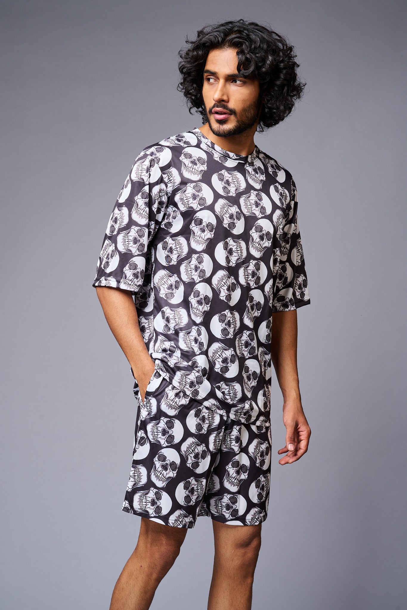 Skull Printed White & Black Co-ord Set for Men - Go Devil