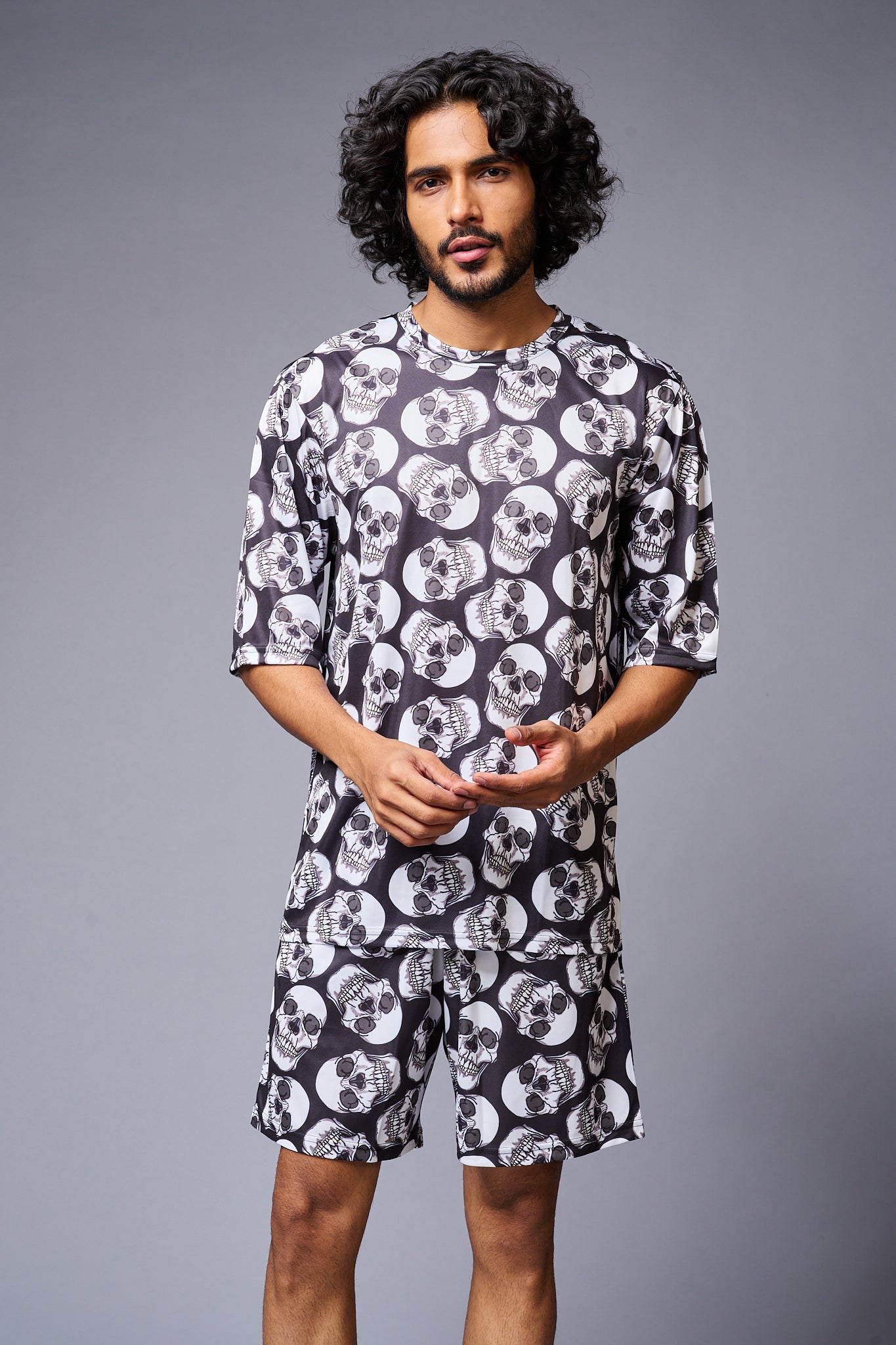 Skull Printed White & Black Co-ord Set for Men - Go Devil