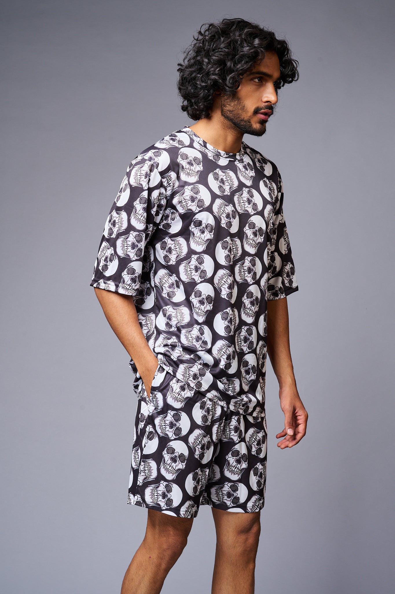 Skull Printed White & Black Co-ord Set for Men - Go Devil