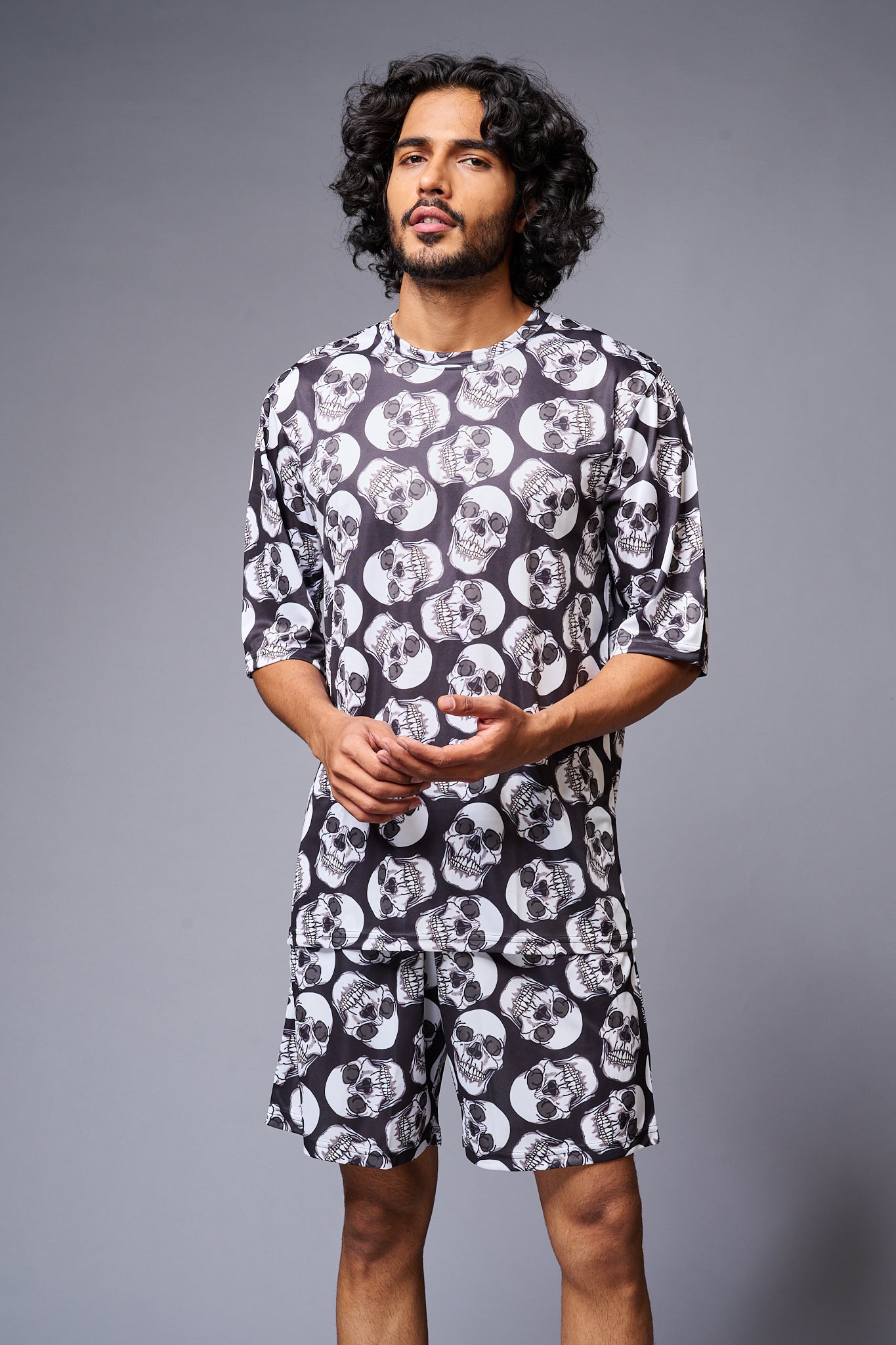 Skull Printed White & Black Co-ord Set for Men - Go Devil
