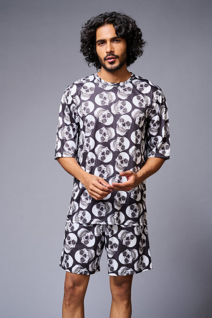 Skull Printed White & Black Co-ord Set for Men - Go Devil