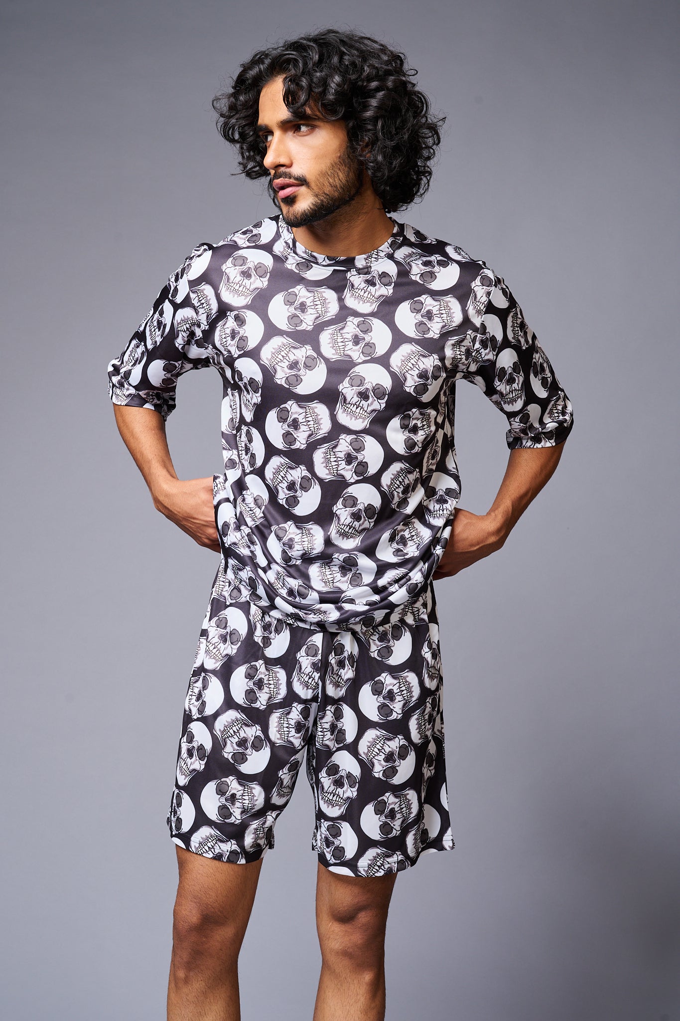 Skull Printed White & Black Co-ord Set for Men - Go Devil