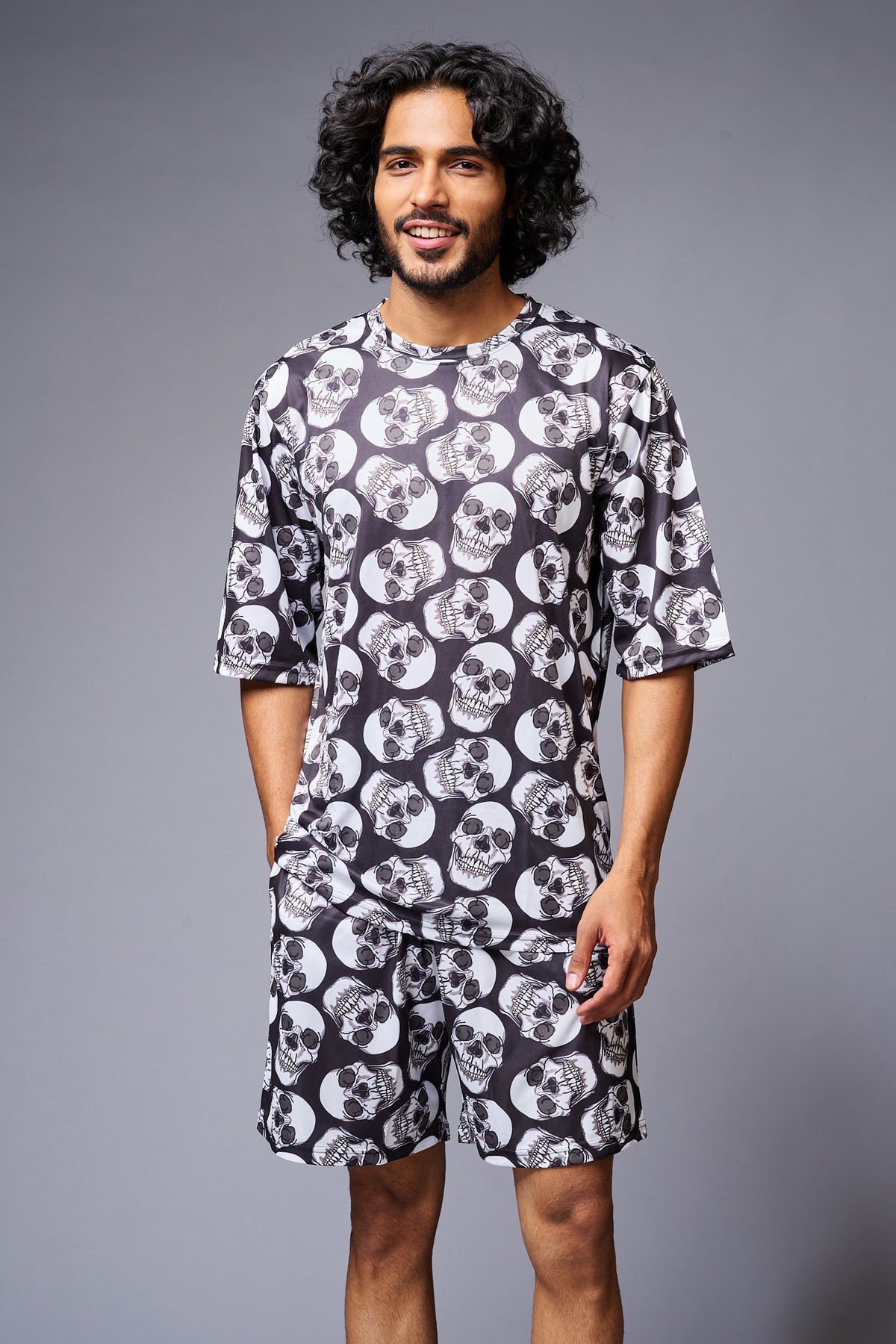 Skull Printed White & Black Co-ord Set for Men - Go Devil