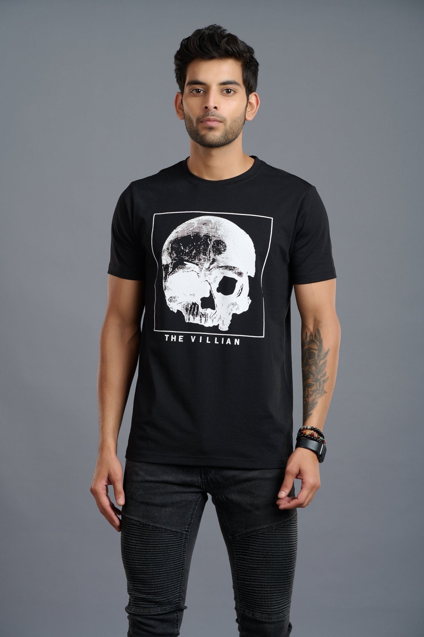 Skull & The Villian Printed Black T-Shirt for Men - Go Devil
