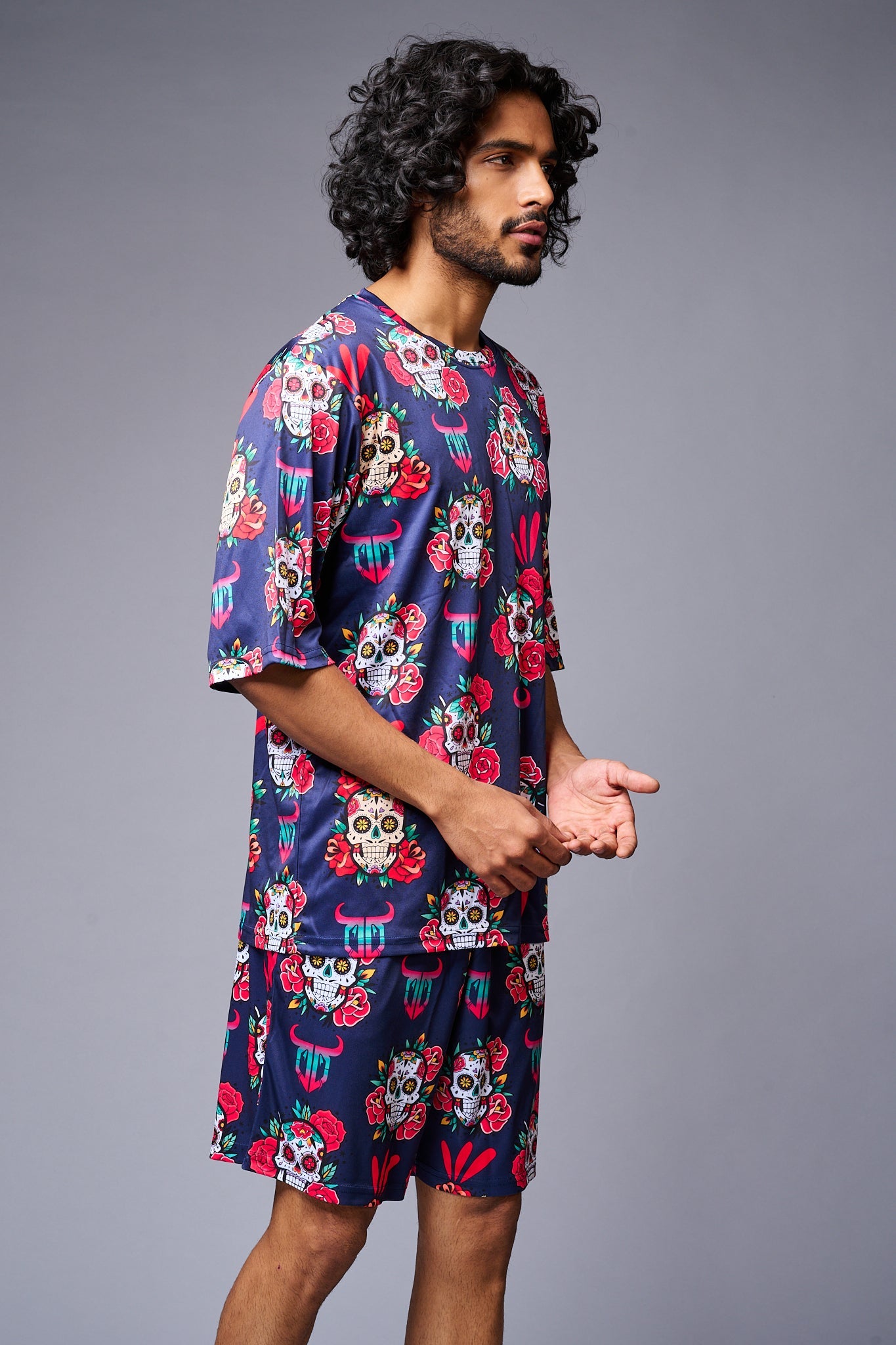 Skull with Flower Printed Blue Co-ord Set for Men - Go Devil