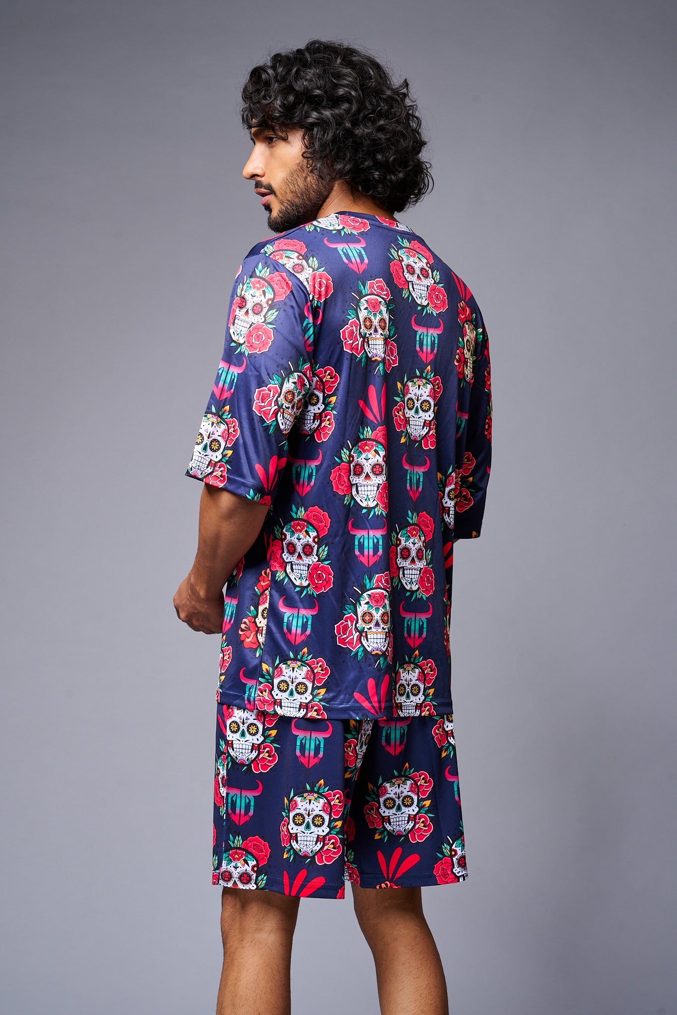 Skull with Flower Printed Blue Co-ord Set for Men - Go Devil