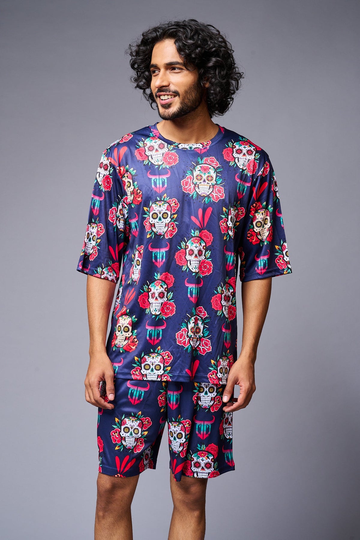 Skull with Flower Printed Blue Co-ord Set for Men - Go Devil