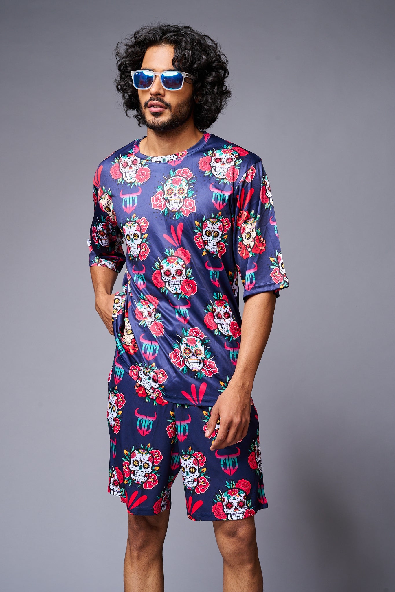 Skull with Flower Printed Blue Co-ord Set for Men - Go Devil