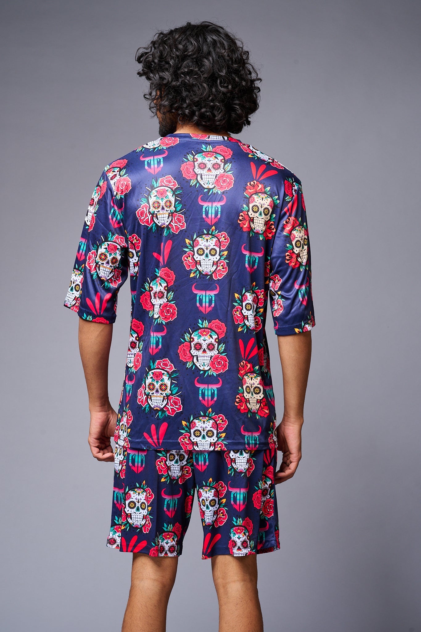 Skull with Flower Printed Blue Co-ord Set for Men - Go Devil