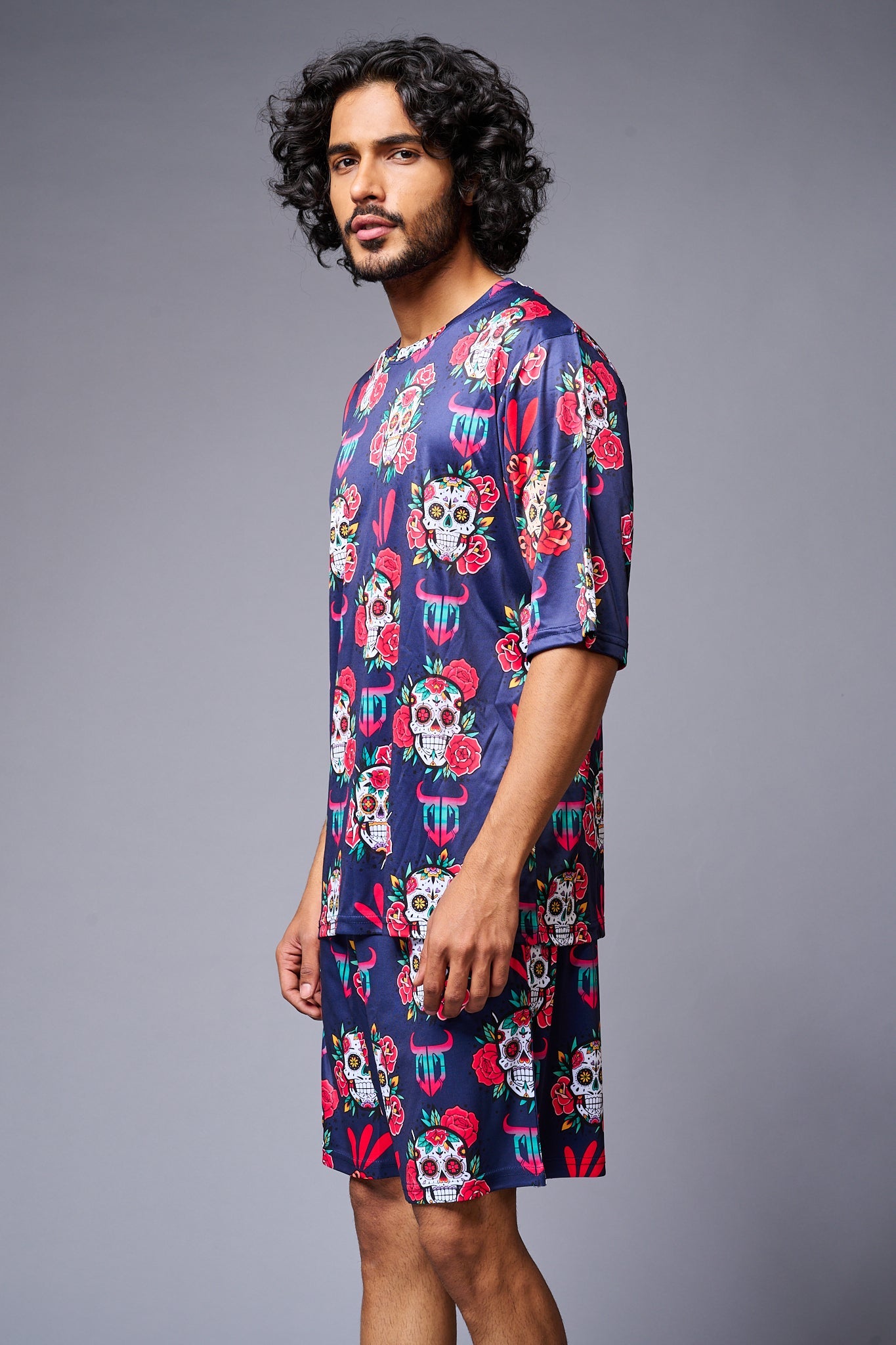 Skull with Flower Printed Blue Co-ord Set for Men - Go Devil