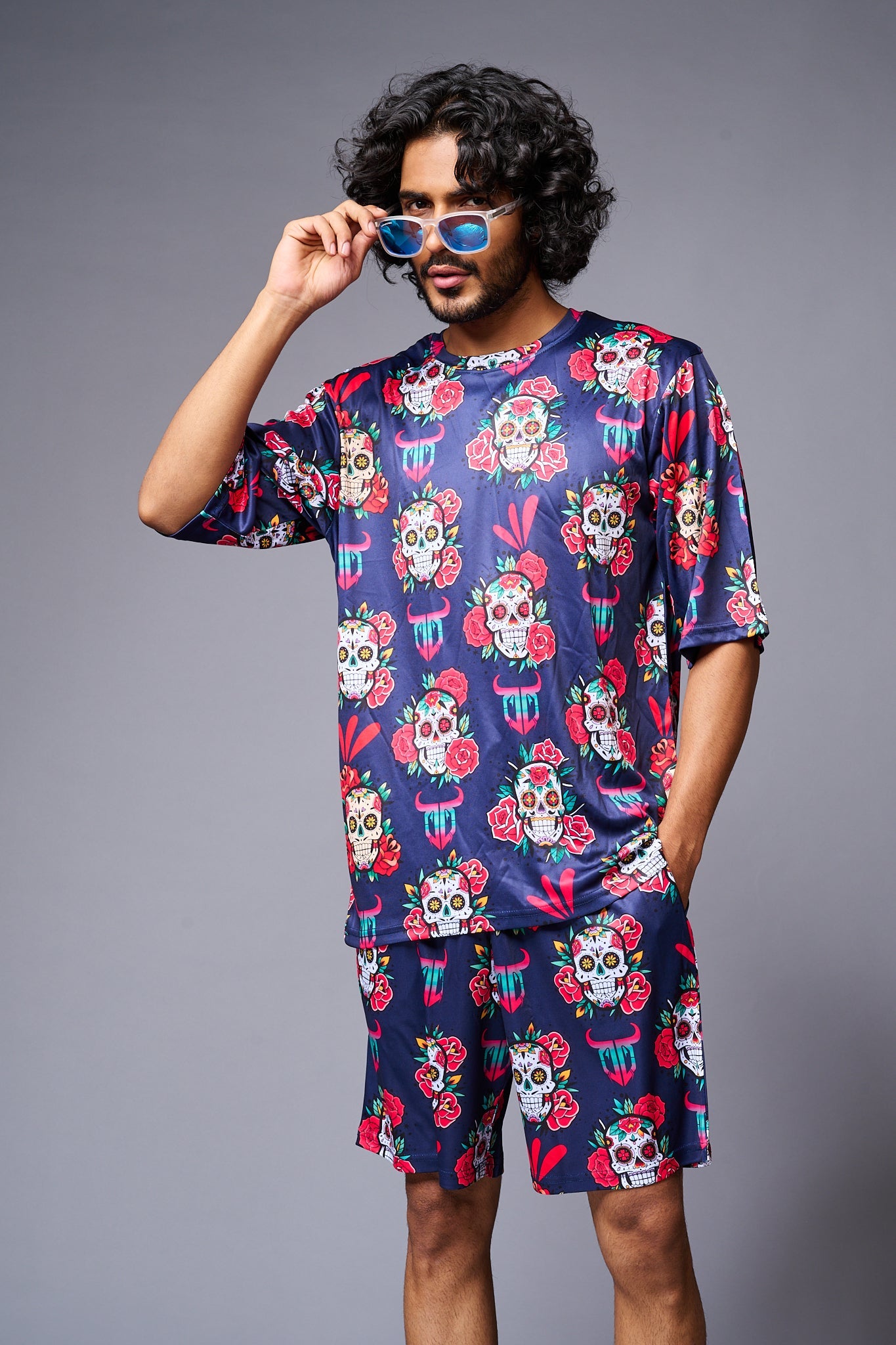Skull with Flower Printed Blue Co-ord Set for Men - Go Devil