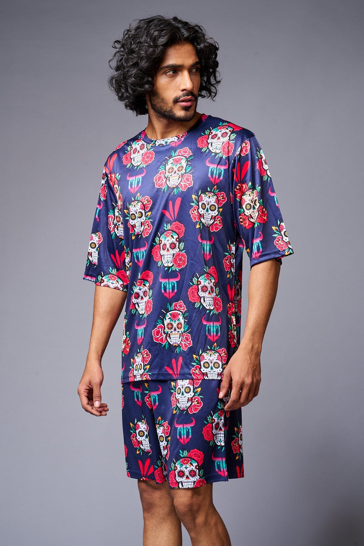 Skull with Flower Printed Blue Co-ord Set for Men - Go Devil