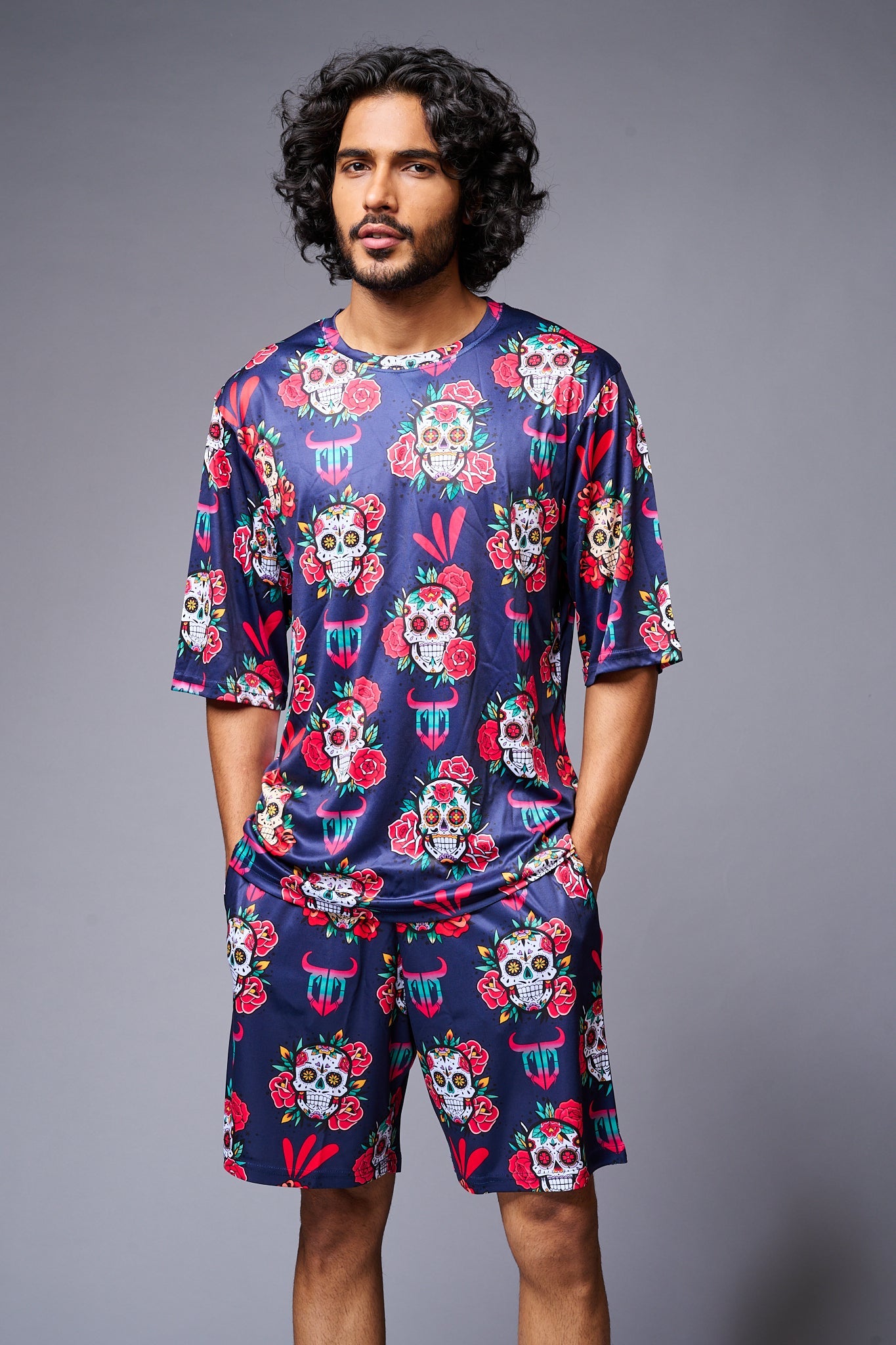 Skull with Flower Printed Blue Co-ord Set for Men - Go Devil