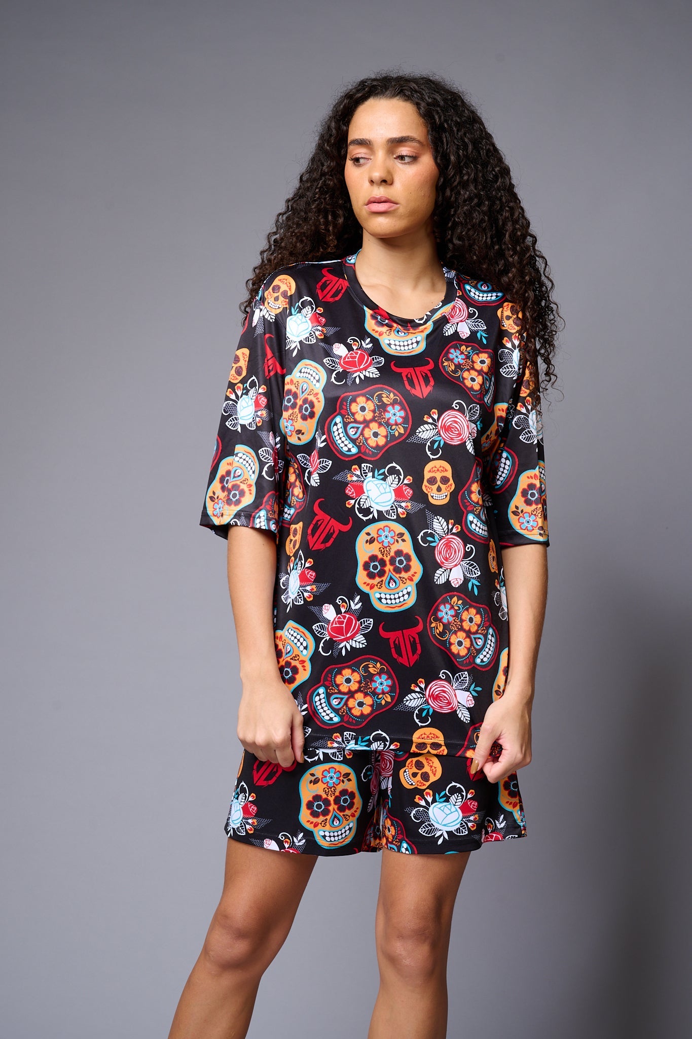 Skull with Flower Printed Red & Black Co-ord Set for Women - Go Devil