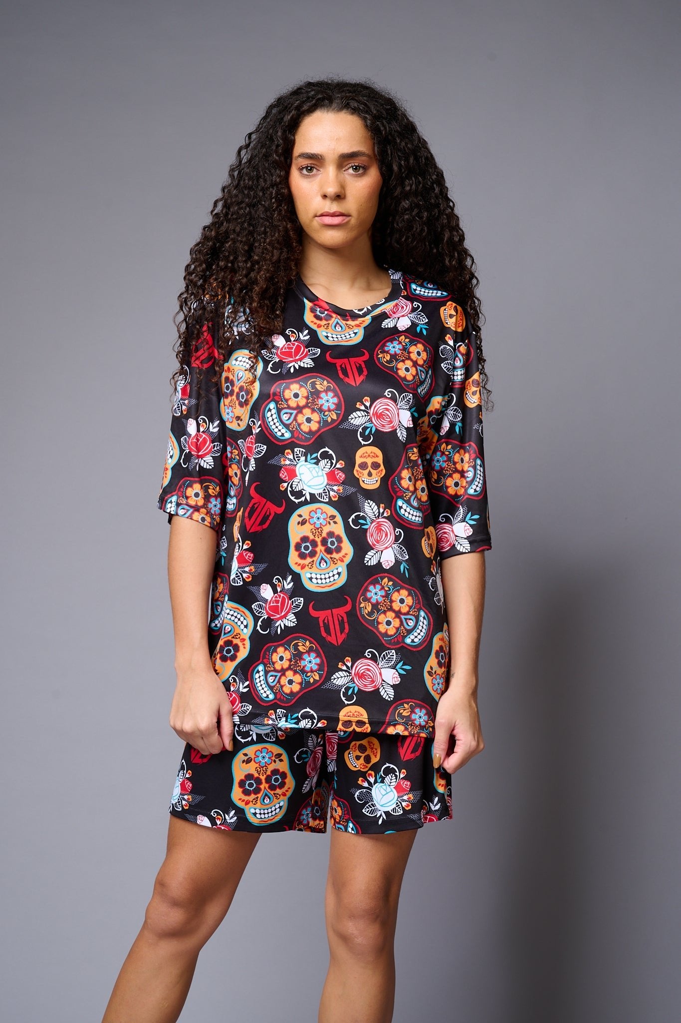 Skull with Flower Printed Red & Black Co-ord Set for Women - Go Devil