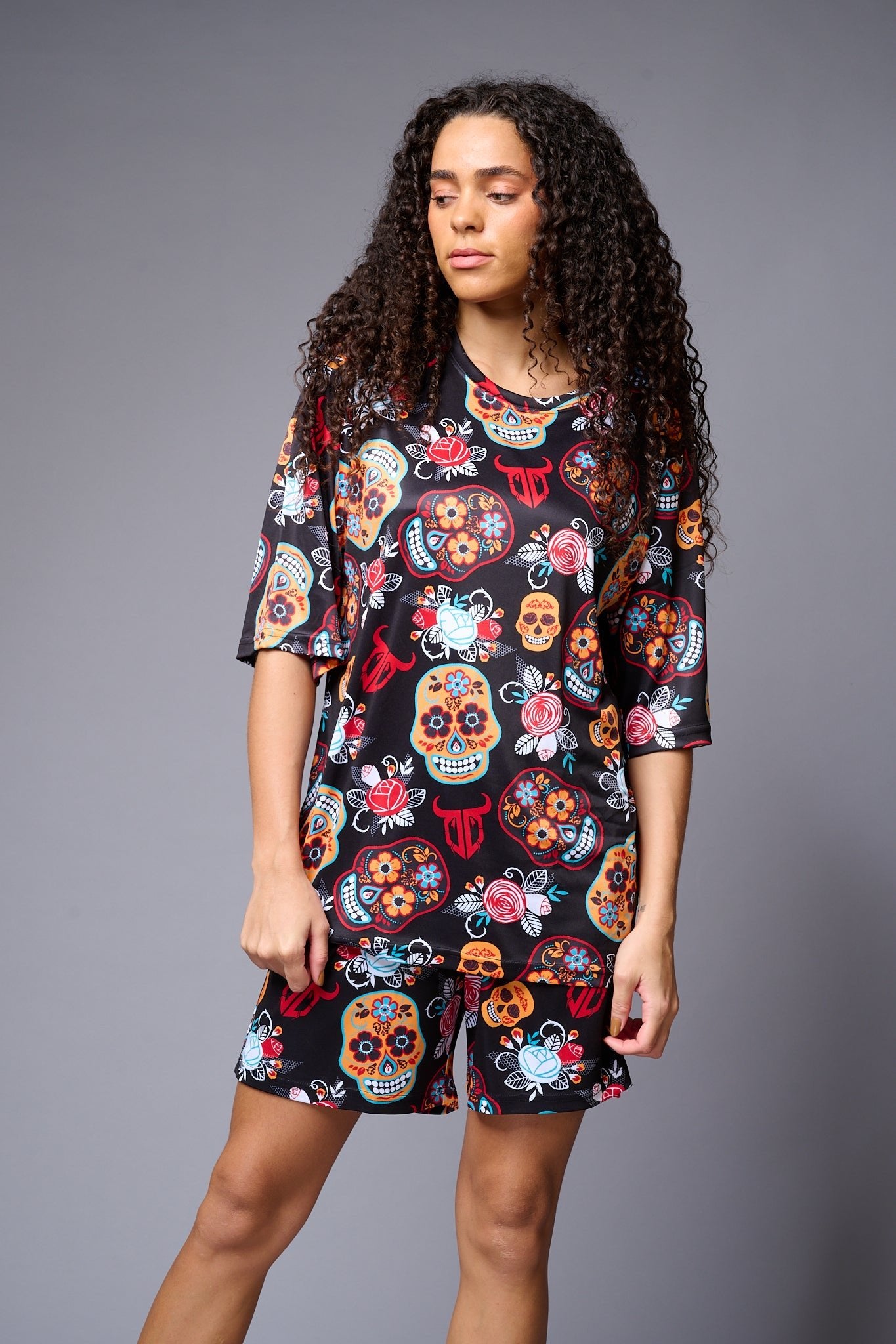 Skull with Flower Printed Red & Black Co-ord Set for Women - Go Devil