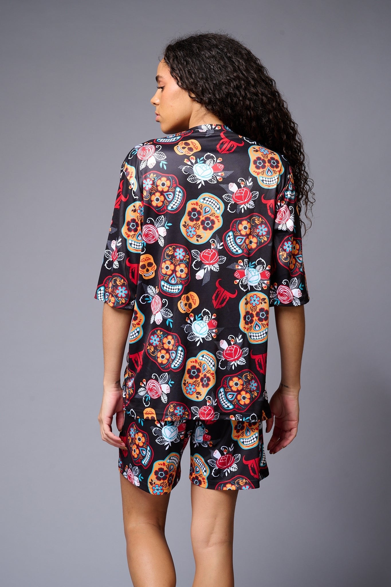 Skull with Flower Printed Red & Black Co-ord Set for Women - Go Devil