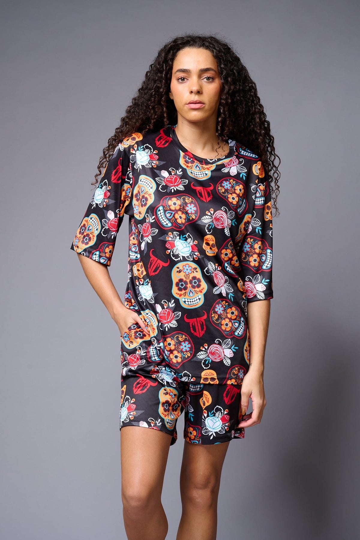 Skull with Flower Printed Red & Black Co-ord Set for Women - Go Devil