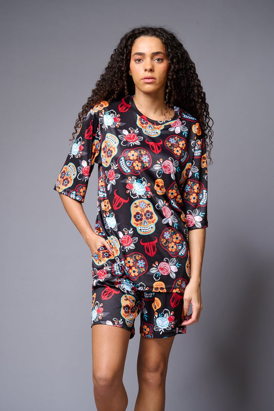 Skull with Flower Printed Red & Black Co-ord Set for Women - Go Devil 1365