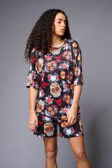 Skull with Flower Printed Red & Black Co-ord Set for Women - Go Devil