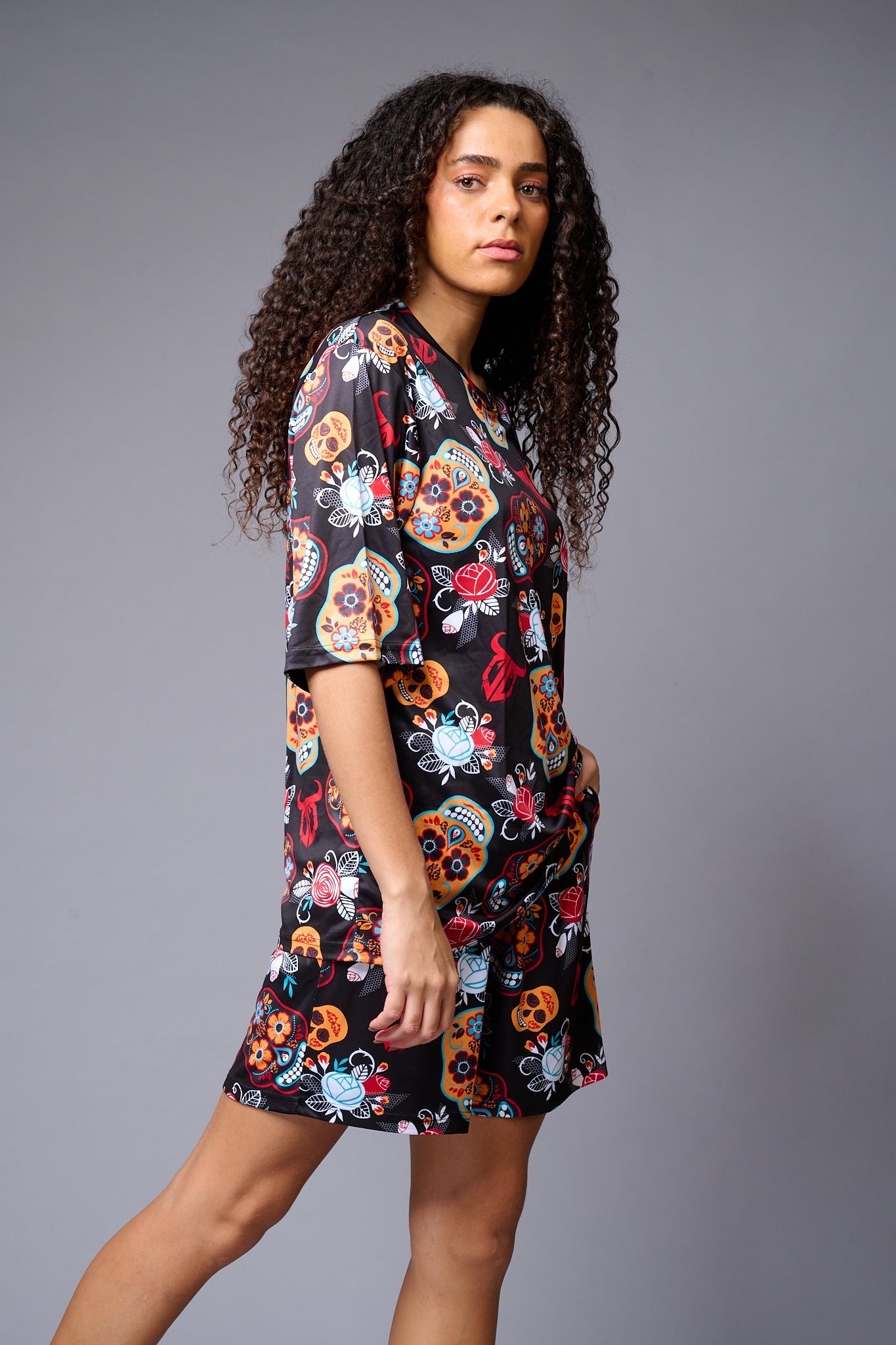 Skull with Flower Printed Red & Black Co-ord Set for Women - Go Devil