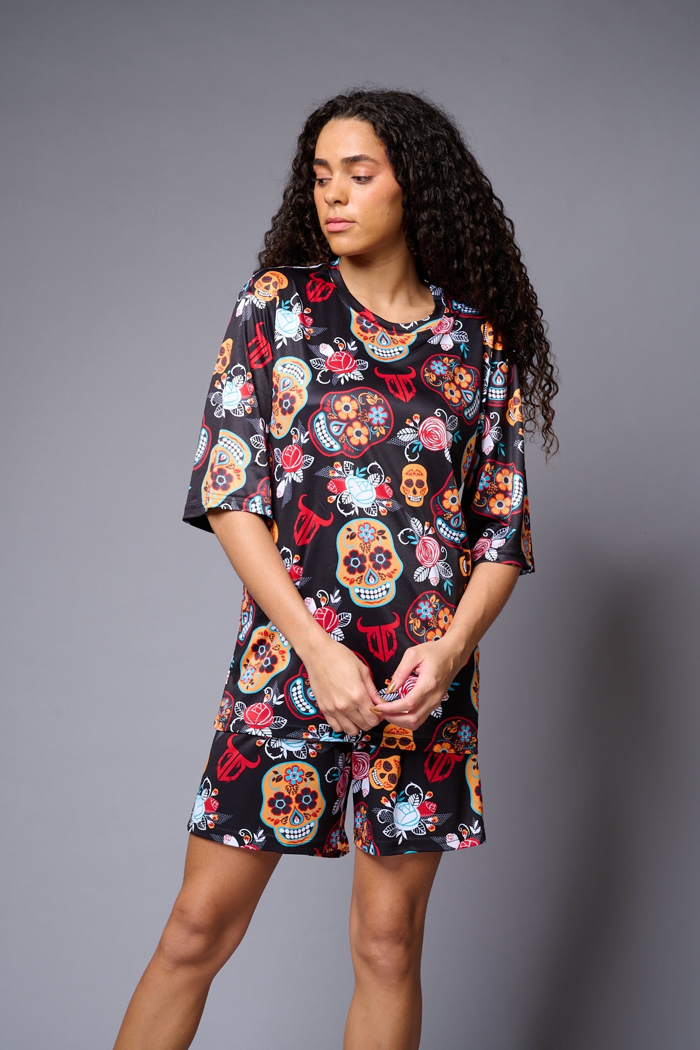 Skull with Flower Printed Red & Black Co-ord Set for Women - Go Devil