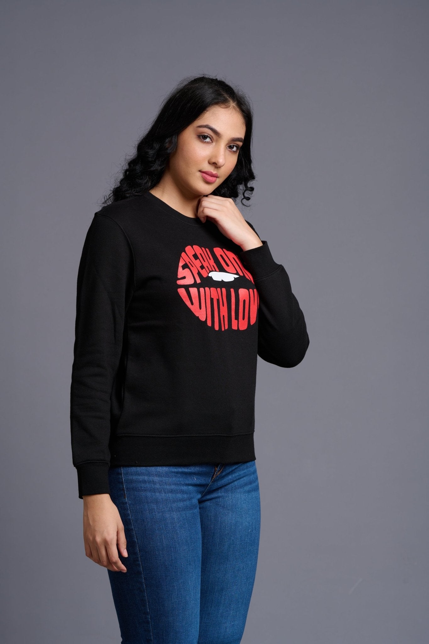 Speak Only With Love Printed Black Sweatshirt for Women - Go Devil