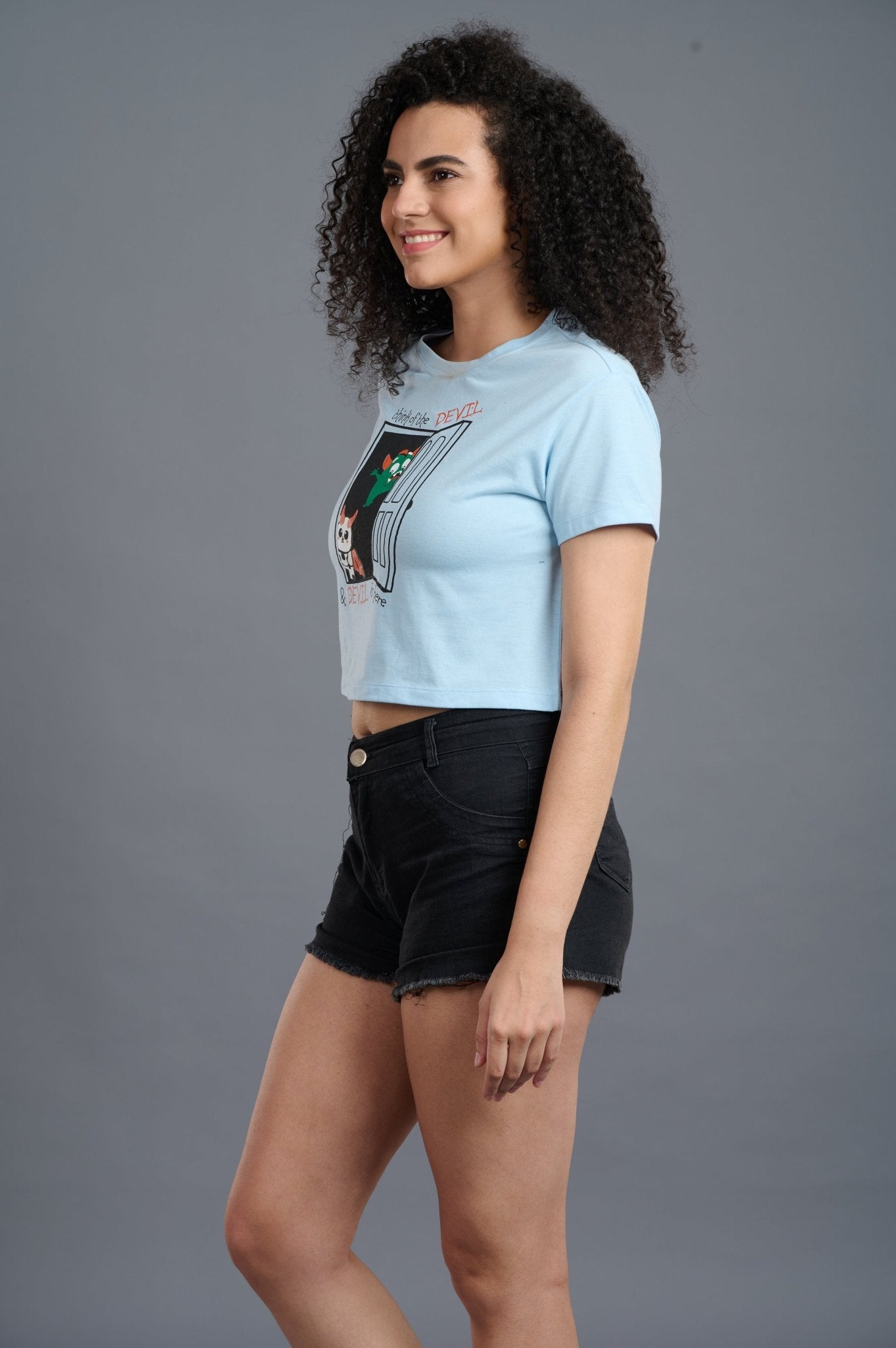 Think Of The Devil & Devil Is Here Printed Blue Crop Top for Women - Go Devil
