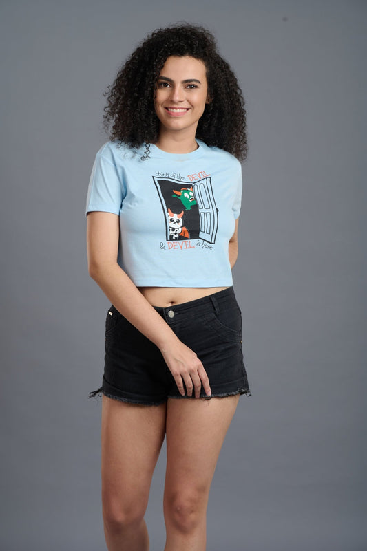 Think Of The Devil & Devil Is Here Printed Blue Crop Top for Women - Go Devil