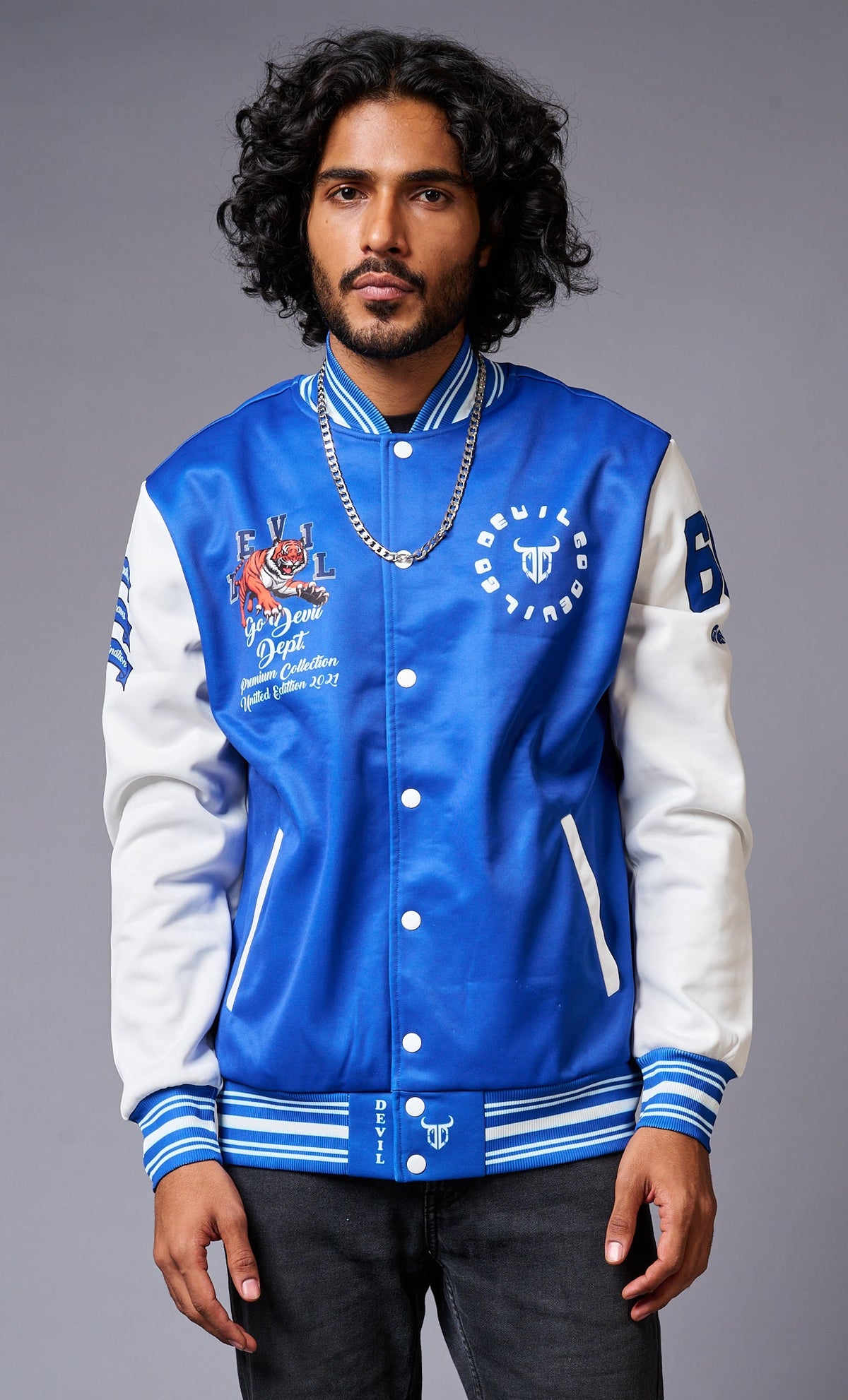 Tiger Printed Blue & White Varsity Jacket for Men - Go Devil